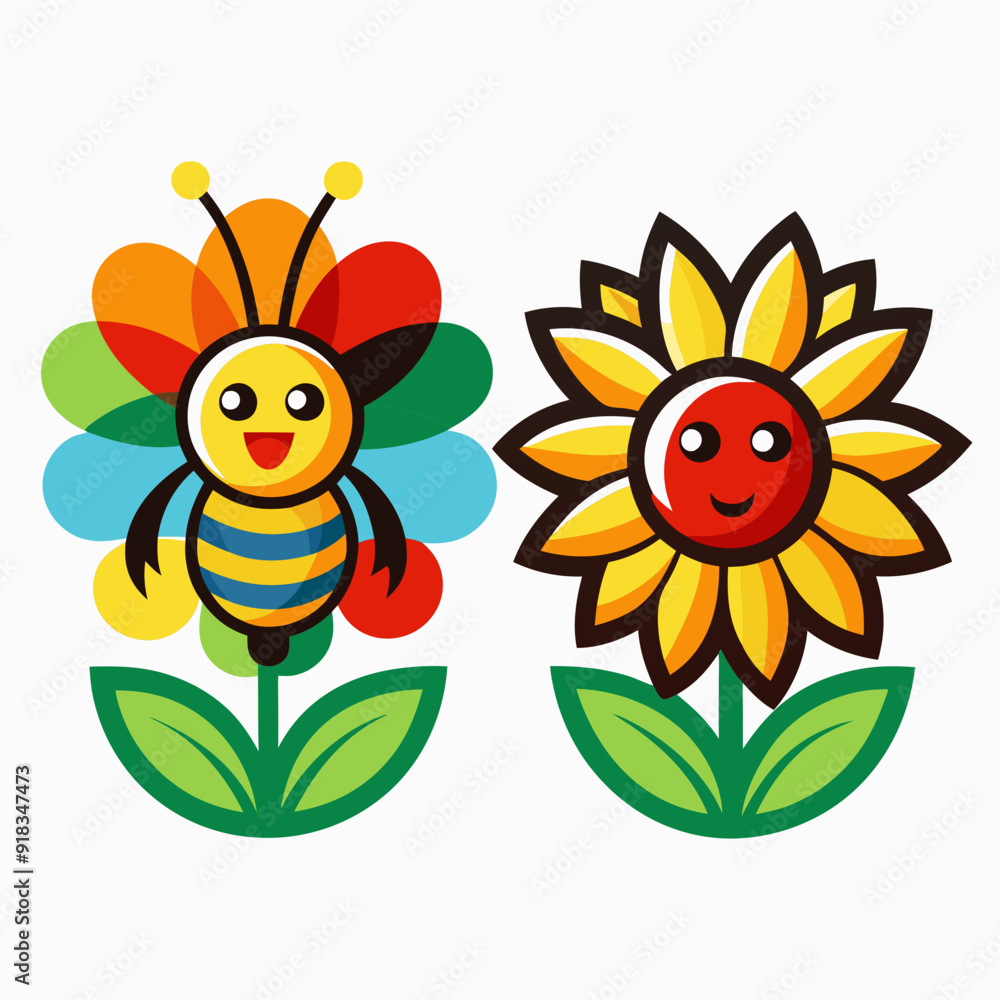 Canvas Prints 2-set of a colorful logo bee collecting pollen vector