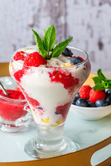 Vanilla ice cream dessert with fresh fruit and raspberry coulis