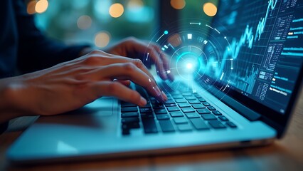 An analyst uses a computer and dashboard for data business analysis and Data Management System with KPI and metrics connected to the database for technology finance, operations, sales, marketing