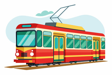 A Red and Yellow Tram on Tracks with a Blue Sky