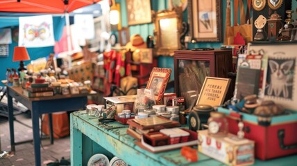 A vibrant market scene featuring colorful vintage items and eclectic decor on display, perfect for capturing nostalgia and charm.