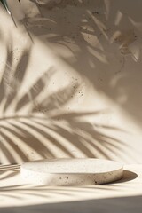 Elegant minimalist scene with a white stone plate podium a beige concrete background, adorned with