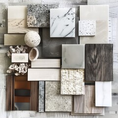 Curated mood board displaying interior material samples, featuring diverse textures and finishes