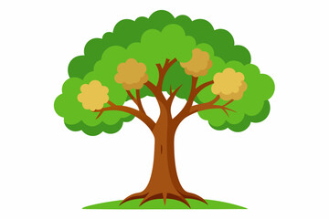 Cartoon Illustration of a Green Tree with Brown Trunk and Yellow Flowers