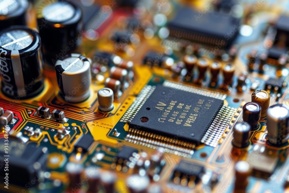 Poster macro image showcasing the intricate details of a microchip and electronic components on a pcb