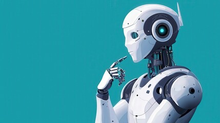 A thoughtful robot pondering ideas, showcasing advanced artificial intelligence and technology against a vibrant turquoise background.