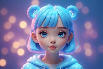 Fototapeta premium 3D illustration of a blue-haired girl with big eyes and a soft smile.