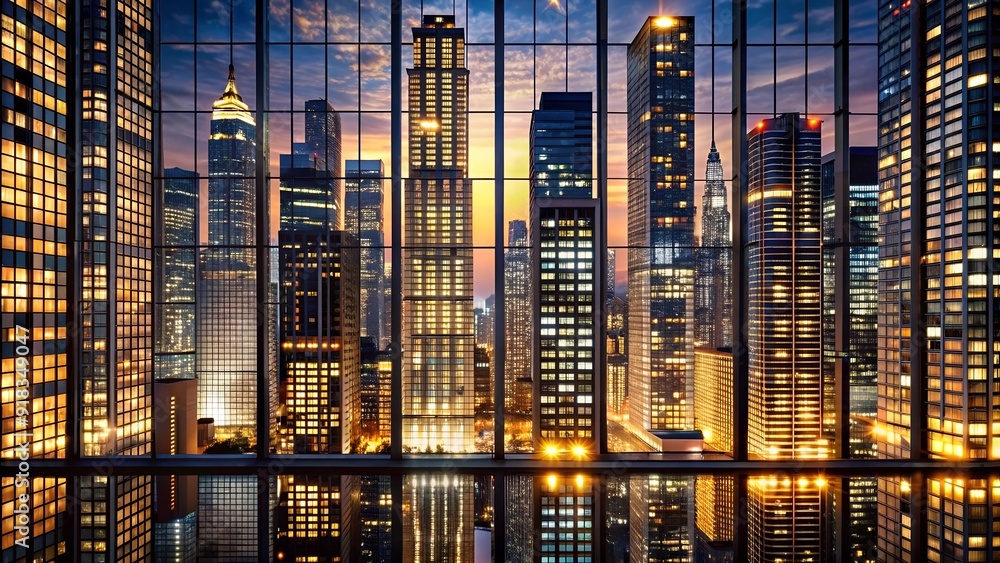 Aufkleber a tapestry of urban lights: a nighttime view of a modern skyscraper with illuminated windows generat