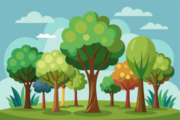 Cartoon Illustration of a Forest with Green Trees and a Blue Sky