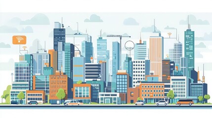 Obraz premium A vibrant city skyline illustration showcasing modern architecture and urban life with clear blue skies.