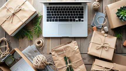 A top-down view of a laptop surrounded by eco-friendly wrapped gifts, twine, and greenery on a wooden desk, creating a natural and creative workspace.