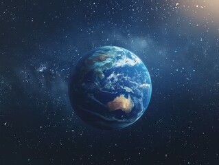 Obraz premium Planet Earth depicted in stunning detail, suspended in the boundless void of space, highlighting the diversity of landscapes ,our blue planet in the galaxy, australia asia continent