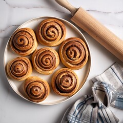 Fototapeta premium From above tray with fresh homemade cinnamon buns and wooden rolling pin on white marble board