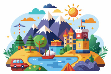 Fototapeta premium A Colorful Illustration of a Fantasy Landscape with Mountains, a Lake, and Buildings