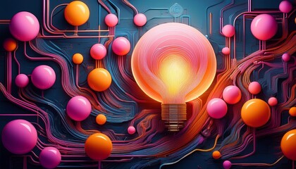 Generative AI abstract illustration of colorful circuit with pink and orange balls and small lamp in the center