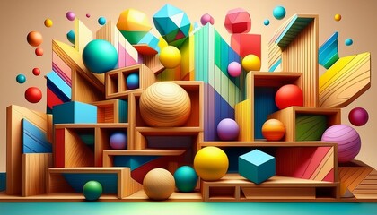 Generative AI abstract illustration of wooden colorful geometrical forms and shapes with cubes and spheres on different levels