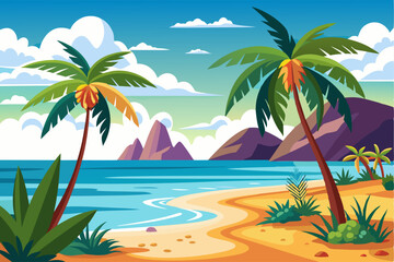 Tropical Beach with Palm Trees and Mountains in the Background