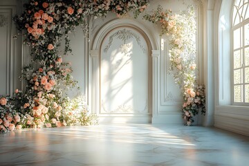 Background wedding luxurious white room with flowers and sunshine through the windown generate AI