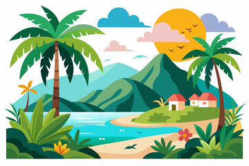 Tropical Island Landscape with Palm Trees, Mountains, and Beach