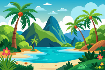 Obraz premium Lush Tropical Island Landscape with Palm Trees, Mountains, and a River