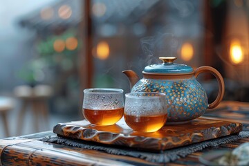 A tranquil tea moment on a rustic wooden table surrounded by warm lighting