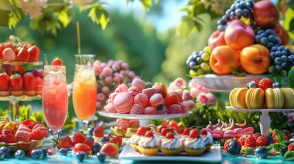 Naklejka premium A vibrant summer picnic table filled with fresh fruit, pastries, and drinks. The table is set against a lush green background.