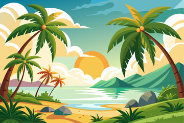 Tropical Beach Scene with Palm Trees and a Sunset