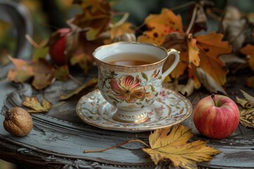 Enjoying autumn tea amidst vibrant leaves and seasonal fruits