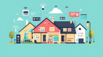 Naklejka premium Colorful illustration of modern smart homes connected with technology and devices, showcasing innovation and digital living.