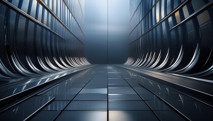 Fototapeta premium Generative AI illustration of abstract background of curved geometric wall and floor made of shiny dark glass