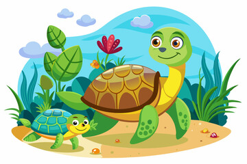 Obraz premium Two Cartoon Turtles Walking on a Sandy Beach