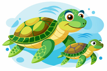 Fototapeta premium A Mother Sea Turtle and Her Baby Swimming in the Ocean