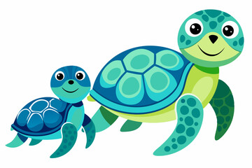 Obraz premium Cartoon illustration of a mother sea turtle and her baby
