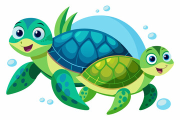 Fototapeta premium Two Cartoon Sea Turtles Swimming with Bubbles