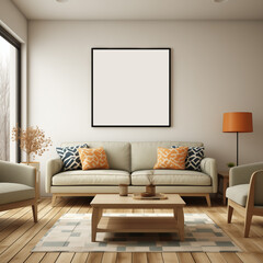 Mockup of a 1x1 black square frame in a Scandinavian style living room interior with a beige sofa and modern decor. Artwork, poster, art print, wall art mockup. Cozy home interior.