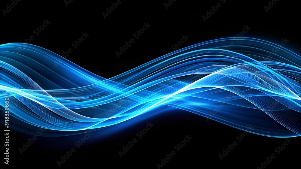 Poster dynamic blue lines flowing on a black canvas generative ai