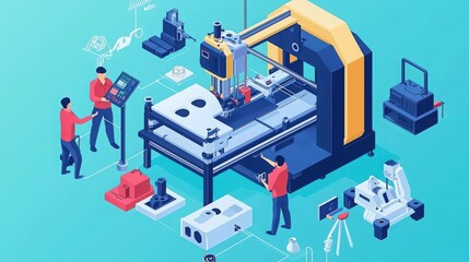 Obraz premium Illustration of a modern manufacturing process with workers, machines, and tools in a vibrant factory setting.