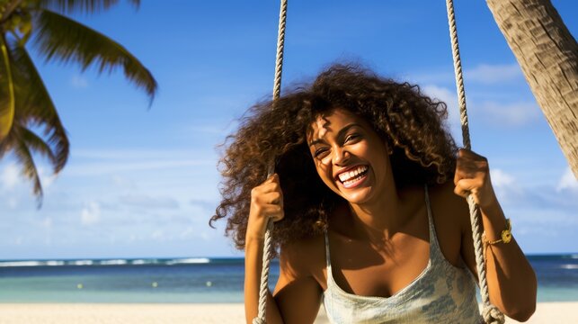 A woman with curly hair is swinging on a swing, smiling and enjoying the sun. A happy and carefree vacation. The action takes place on a beach with palm trees in the background. Illustration. - Powered by Adobe