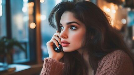 A woman talking on a cell phone in a restaurant