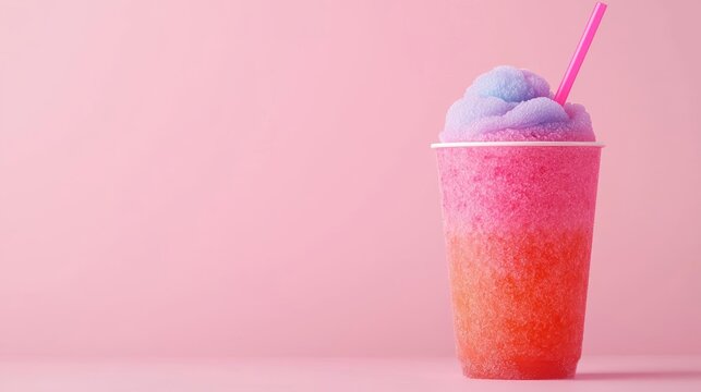 Colorful slush beverage with a pink straw, Generative AI, playful and refreshing drink concept against a solid pink backdrop