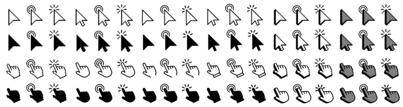 Cursor icons set in hand, arrow forms, mouse click cursor set, arrow and hand pointer