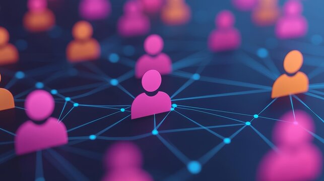 Digital social connections, Generative AI, abstract people shapes linked in a web of relationships