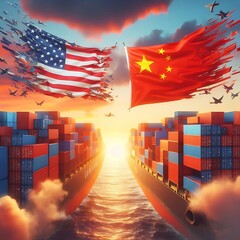 USA and China trade war. US of America and chinese flags crashed containers on sky at sunset background. 3d illustration
