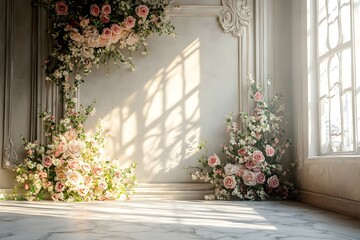 Fototapeta premium Background wedding luxurious white room with flowers and sunshine through the windown generate AI