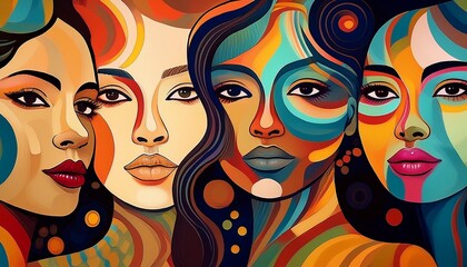 Generative AI illustration of abstract portrait of crop female faces looking at camera with beautiful artwork designed with different shades of colors