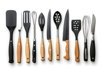 Black and Wooden Kitchen Utensils on a White Background - Photo