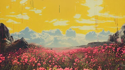 Vintage risograph collage of summer landscape, pastel halftone, geometric shapes, abstract grain texture	
