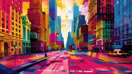 Obraz premium A vibrant, colorful cityscape with tall buildings lining a bustling street. The image is a stylized representation of urban life, with a bright and energetic atmosphere.