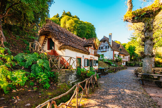 Traditional houses in Queimadas Forest Park near Santana, Madeira. Hiking point to PR9 Levada do Caldeirao Verde