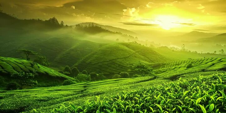video footage of landscape tea plantations on the mountain, views of the expansive tea plantation on the mountain